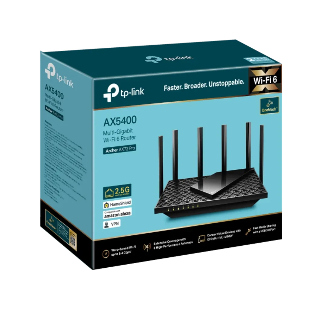 Archer AX72 Pro. Router WiFi 6 Tp-Link AX5400 doble banda (4804Mbps en 5GHz y 574Mbps en 2.4GHz) MU-MIMO 4X4 1 puerto 2.5Gbps (WAN/LAN) 1 puerto 1Gbps (WAN/LAN) 4 puertos LAN 1Gbps