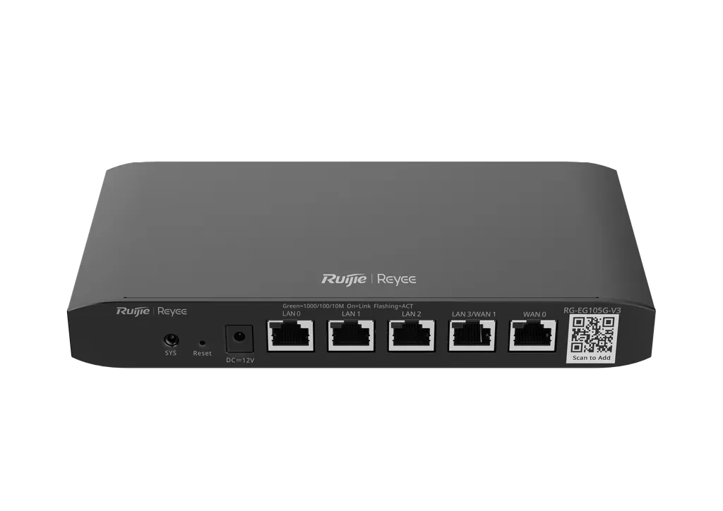 RG-EG105G-V3. Router administrado por la Nube de REYEE 5 puertas 10/100/1000 Base-T, 2 WAN recomendado para 100 clientes concurrentes