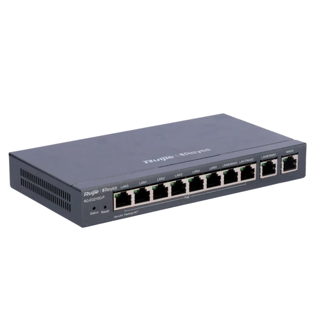 RG-EG210G-P-V3. Router administrado por la Nube de REYEE 10 puertas 10/100/1000 Base-T, 4 WAN recomendado para 200 clientes concurrentes