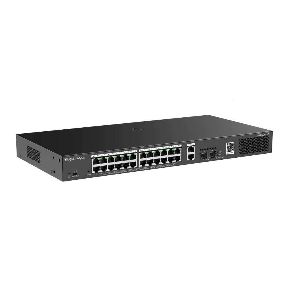 RG-ES228GS-P. Switch Smart PoE con 24 puertos Gigabit PoE 802.3af/at + 2 SFP para fibra 1Gb, gestión gratuita desde la nube, 370w