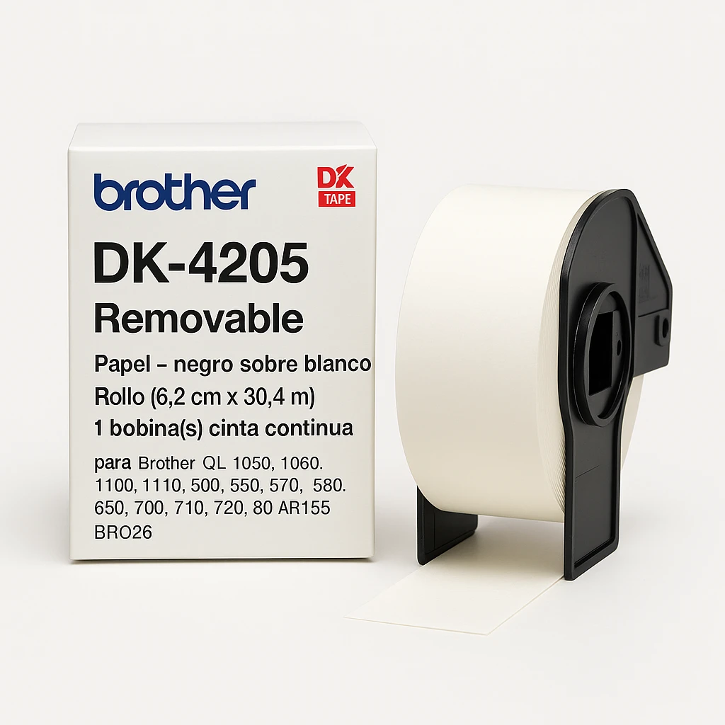 Brother DK4205 Removable - Papel - negro sobre blanco - Rollo (6,2 cm x 30,4 m) 1 bobina(s) cinta continua - para Brother QL-1050, 1060, 1100, 1110, 500, 550, 570, 580, 650, 700, 710, 720, 80