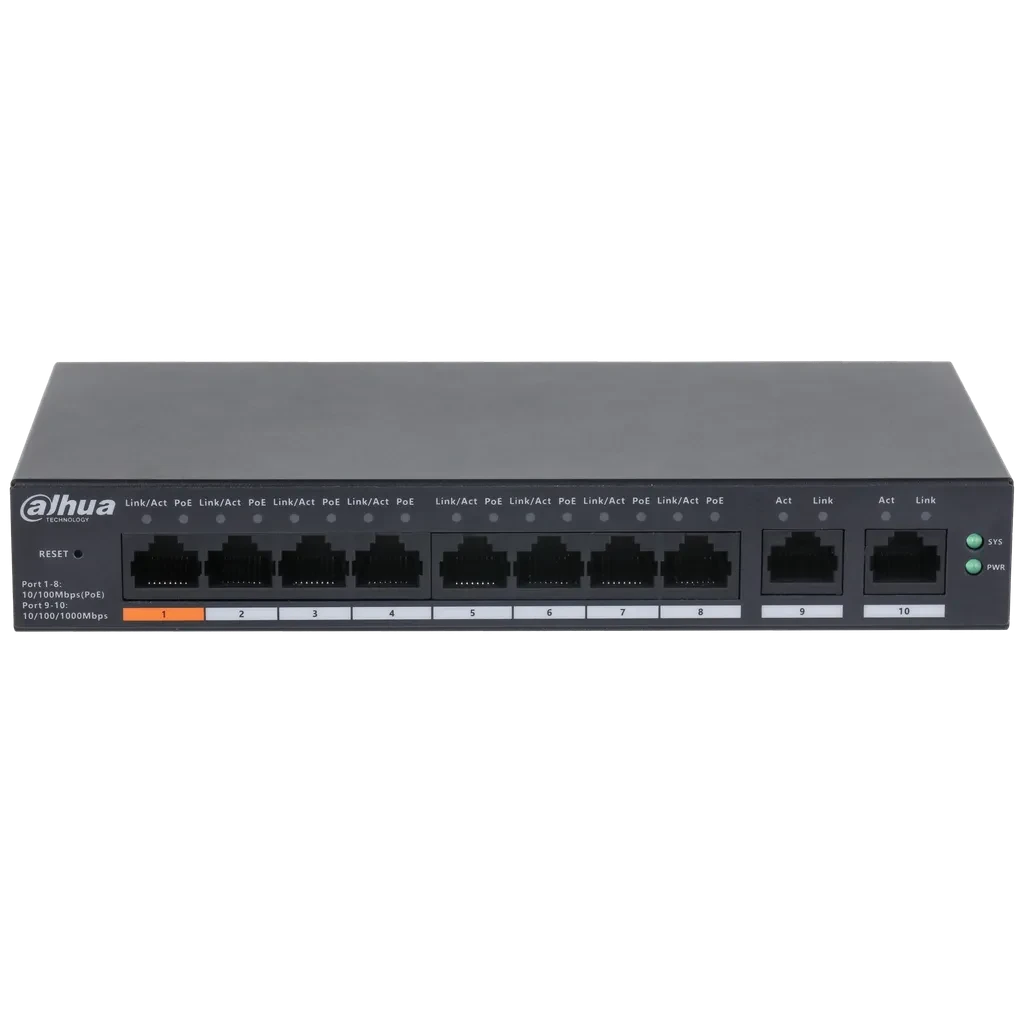 DH-CS4010-8ET-60. Switch dahua cloud de 8 puertos PoE 10/100 Mbps 2 puertos Uplink de 10/100/1000 Mbps, soporta máximo 60W entre todos sus puertos PoE