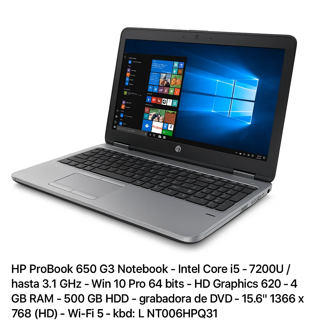HP ProBook 650 G3 Notebook - Intel Core i5 - 7200U / hasta 3.1 GHz - Win 10 Pro 64 bits - HD Graphics 620 - 4 GB RAM - 500 GB HDD - grabadora de DVD - 15.6" 1366 x 768 (HD) - Wi-Fi 5 - kbd: L