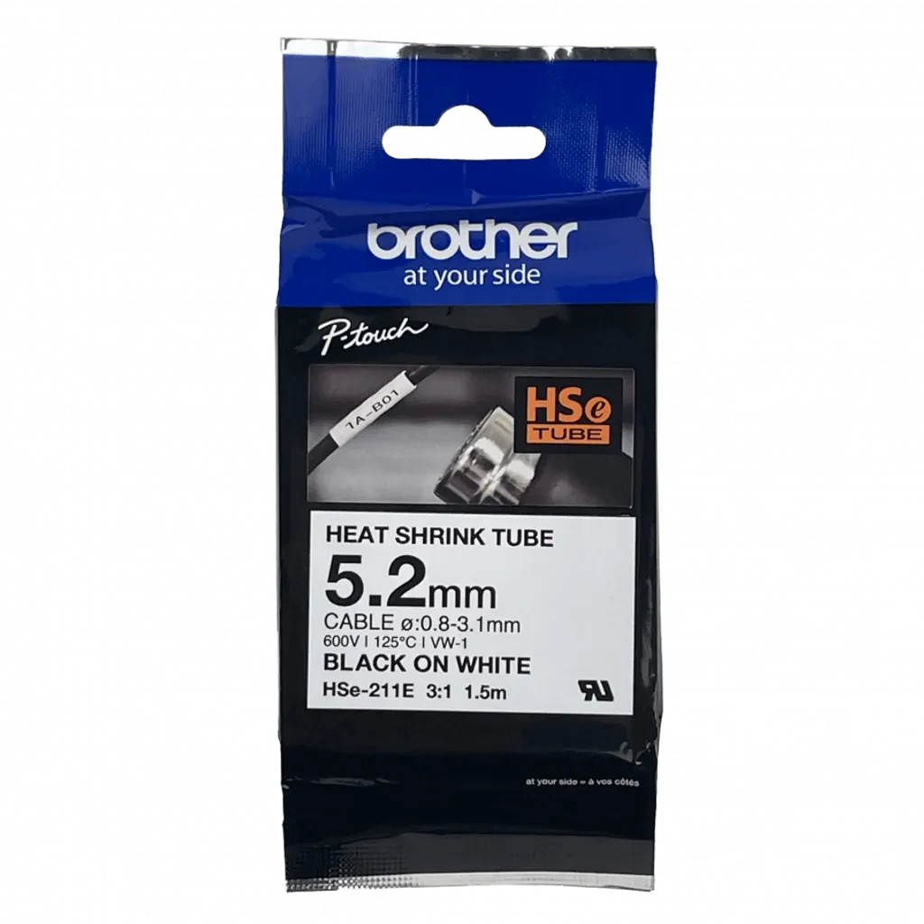 HSe211e. Tubo BROTHER 5,2mm Termo retráctil 0,8-3,1mm Negro en Blanco de 1,5m