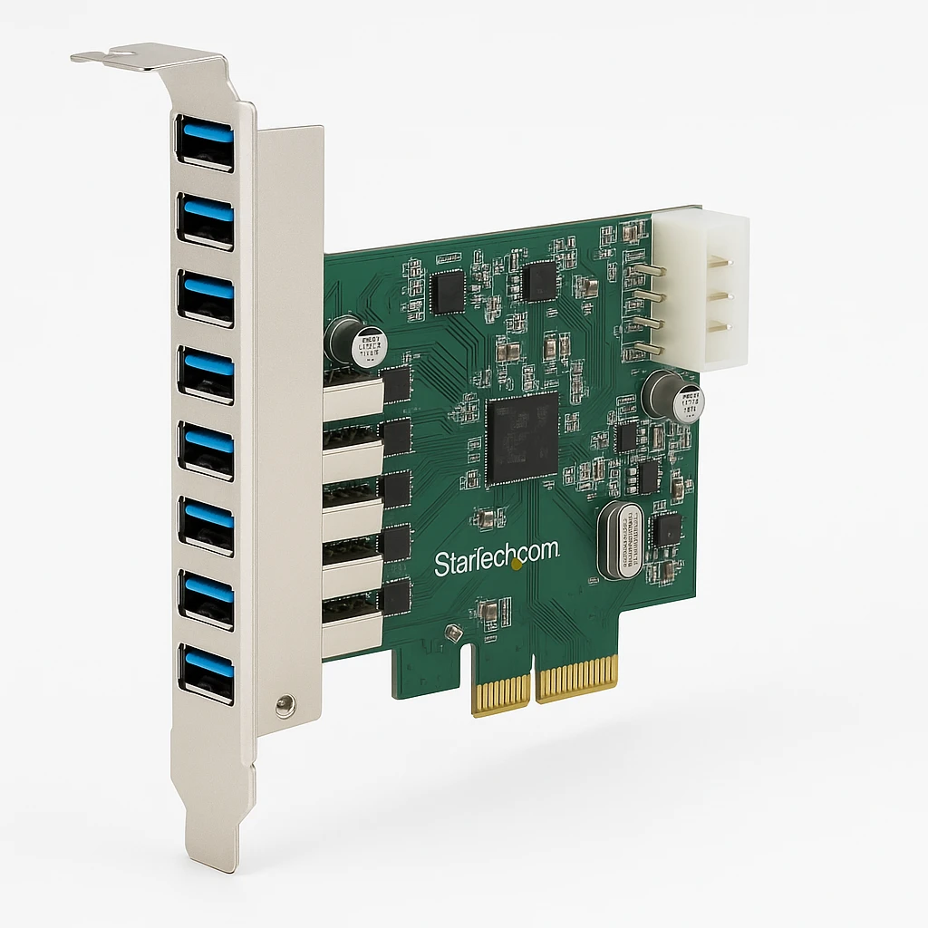 StarTech.com Adaptador tarjeta PCI Express 7 puertos USB 3.0 con alimentación SATA perfil bajo o completo - 7x USB A - Hub Interno - Adaptador USB - PCIe 2.0 - USB, USB 2.0, USB 3.0 - para P/