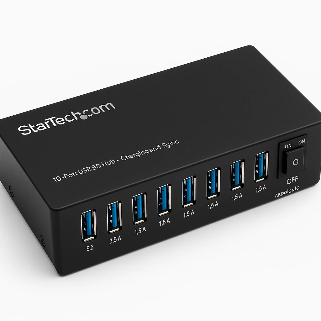 StarTech.com Concentrador USB 3.0 de 10 Puertos - Ladrón con Puertos de Carga y Sincronización - Hub con 2 Puertos de 1,5A - Interruptor para compartir periférico USB - 10 x SuperSpeed USB 3.
