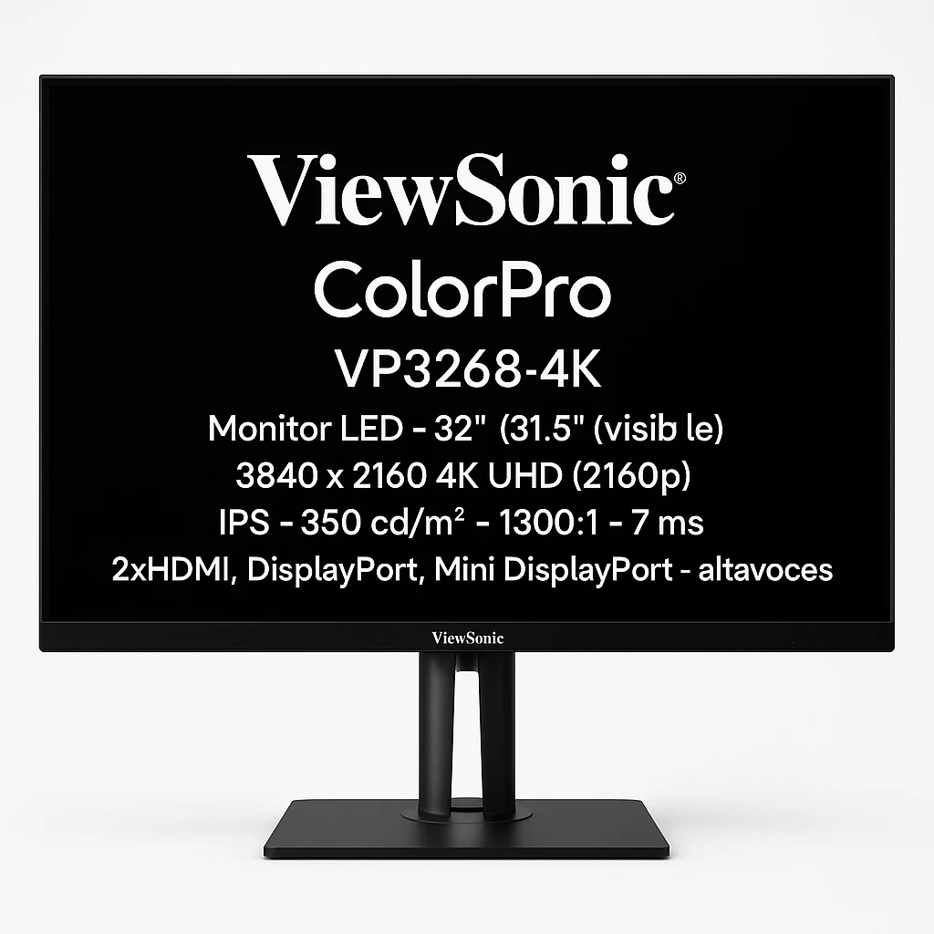 ViewSonic ColorPro VP3268-4K - Monitor LED - 32" (31.5" visible) - 3840 x 2160 4K UHD (2160p) - IPS - 350 cd/m² - 1300:1 - 7 ms - 2xHDMI, DisplayPort, Mini DisplayPort - altavoces