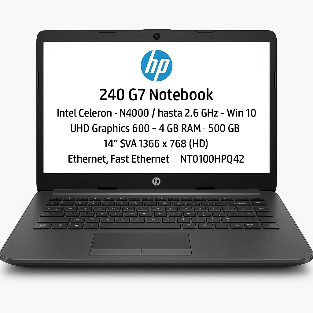HP 240 G7 Notebook - Intel Celeron - N4000 / hasta 2.6 GHz - Win 10 Home Single Language 64 bits - UHD Graphics 600 - 4 GB RAM - 500 GB HDD - 14" SVA 1366 x 768 (HD) - Ethernet, Fast Ethernet