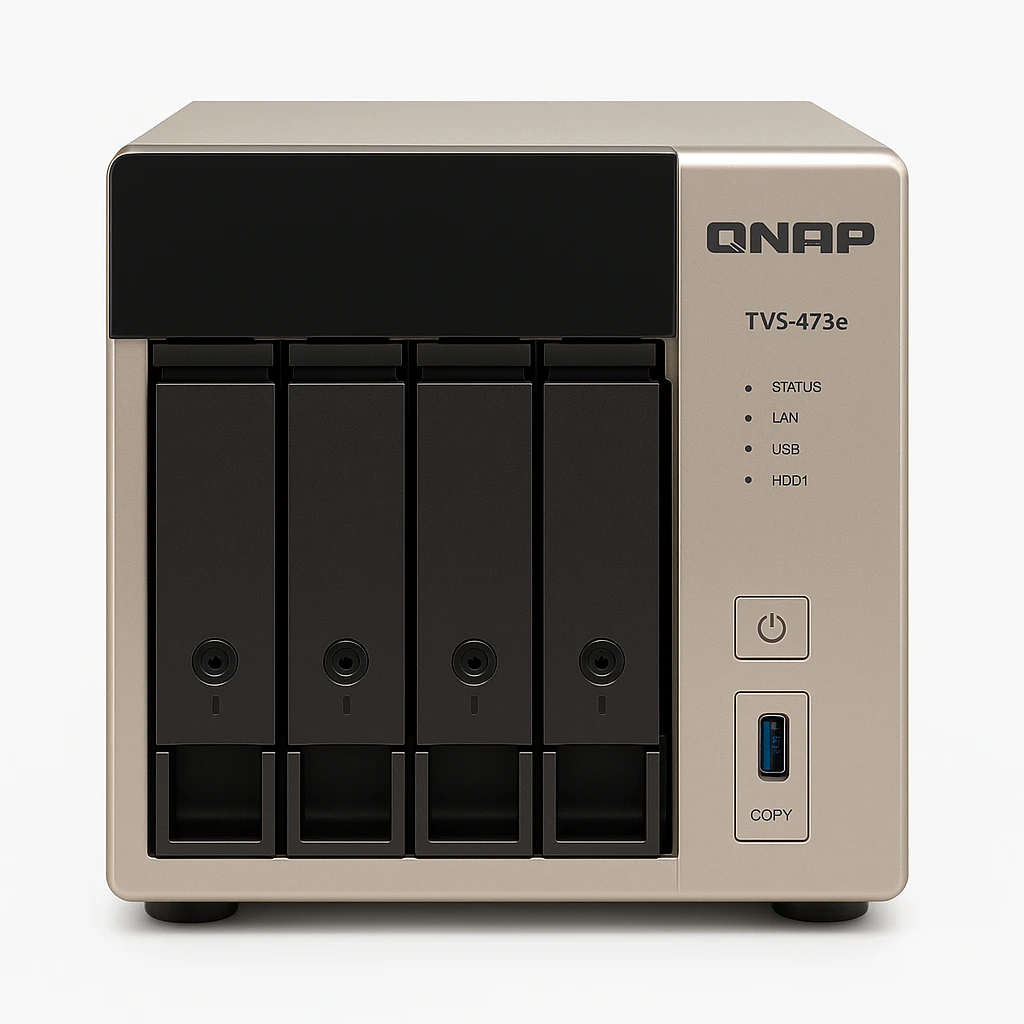 QNAP TVS-473e - Servidor NAS - 4 compartimentos - SATA 6Gb/s - RAID RAID 0, 1, 5, 6, 10, JBOD, 5 Hot Spare, intercambio en caliente 6, 10 repuesto rápido, 1 repuesto rápido - RAM 4 GB - Gigab