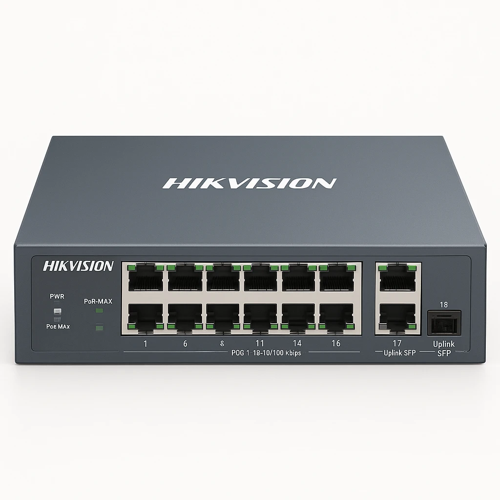 Hikvision DS-3E0318P-E/M - DS-3E Series - conmutador - sin gestionar - 16 x 10/100 (PoE+) + 1 x 10/100/1000 (enlace ascendente) + 1 x Gigabit SFP (enlace ascendente) - sobremesa - PoE+ (135 W
