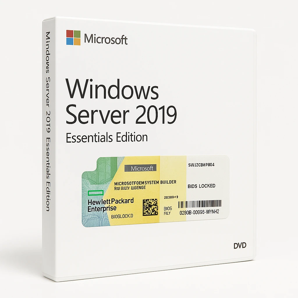 Microsoft Windows Server 2019 Essentials Edition - Licencia - 1-2 procesadores - OEM - ROK - DVD - Microsoft Certificate of Authenticity (COA), con el BIOS bloqueado (Hewlett Packard Enterpri