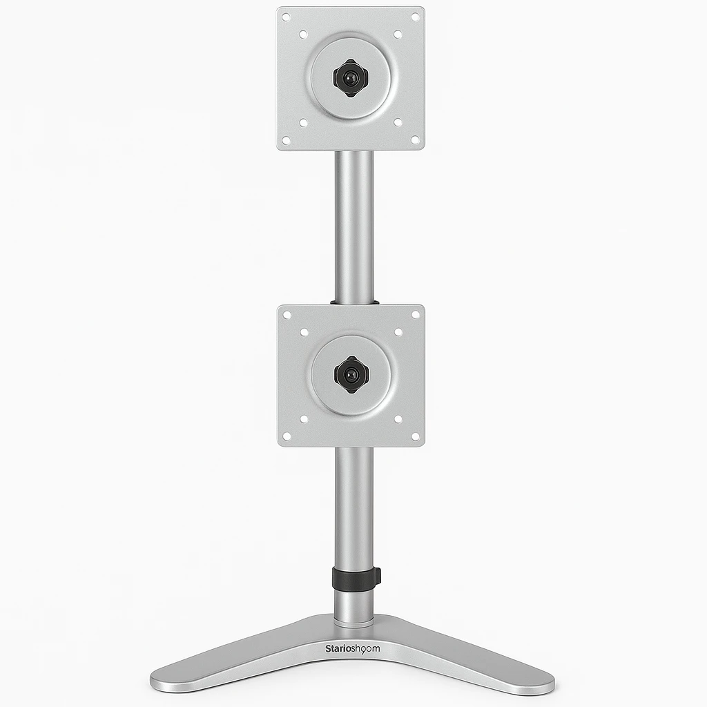 StarTech.com Soporte VESA para 2 Monitores de hasta 27" - Base para Monitor Ergonómica de Sobremesa  - de Montaje para 2 Monitores Apilados Verticalmente - Altura Ajustable - Plata (ARMDUOVS)