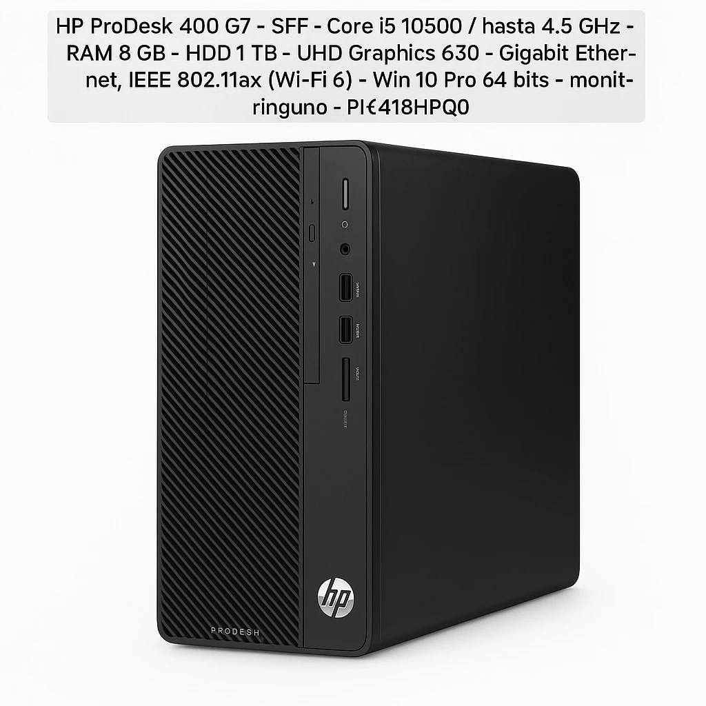 HP ProDesk 400 G7 - SFF - Core i5 10500 / hasta 4.5 GHz - RAM 8 GB - HDD 1 TB - UHD Graphics 630 - Gigabit Ethernet, IEEE 802.11ax (Wi-Fi 6) - Win 10 Pro 64 bits - monitor: ninguno - Smart Bu