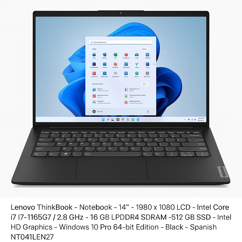 Lenovo ThinkBook - Notebook - 14" - 1980 x 1080 LCD - Intel Core i7 I7-1165G7 / 2.8 GHz - 16 GB LPDDR4 SDRAM - 512 GB SSD - Intel HD Graphics - Windows 10 Pro 64-bit Edition - Black - Spanish