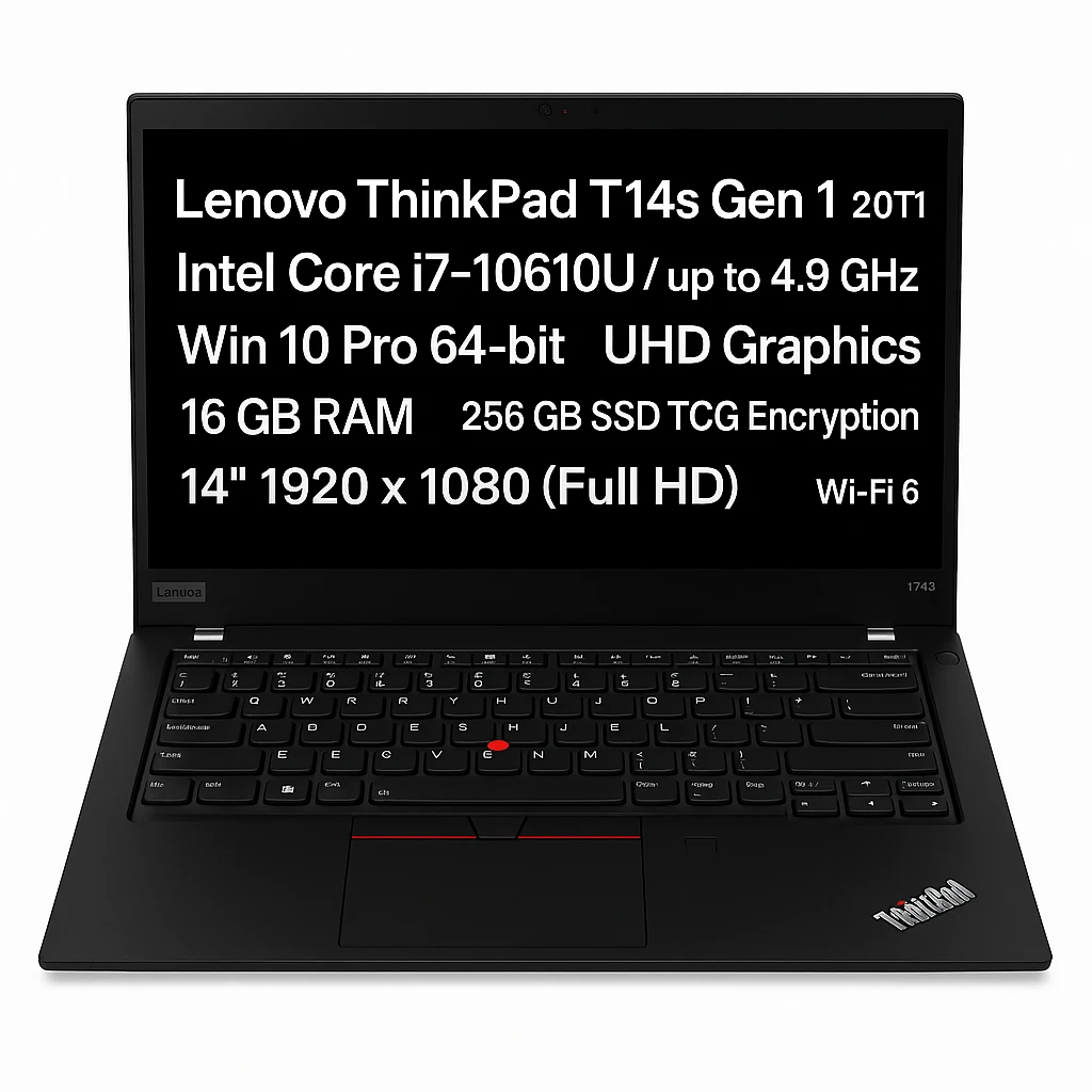 Lenovo ThinkPad T14s Gen 1 20T1 - Intel Core i7 - 10610U / hasta 4.9 GHz - Win 10 Pro 64 bits - UHD Graphics - 16 GB RAM - 256 GB SSD TCG Opal Encryption - 14" 1920 x 1080 (Full HD) - Wi-Fi 6