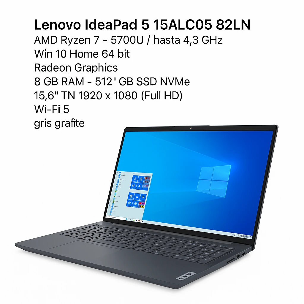Lenovo IdeaPad 5 15ALC05 82LN - AMD Ryzen 7 - 5700U / hasta 4.3 GHz - Win 10 Home 64 bit - Radeon Graphics - 8 GB RAM - 512 GB SSD NVMe - 15.6" TN 1920 x 1080 (Full HD) - Wi-Fi 5 - gris grafi