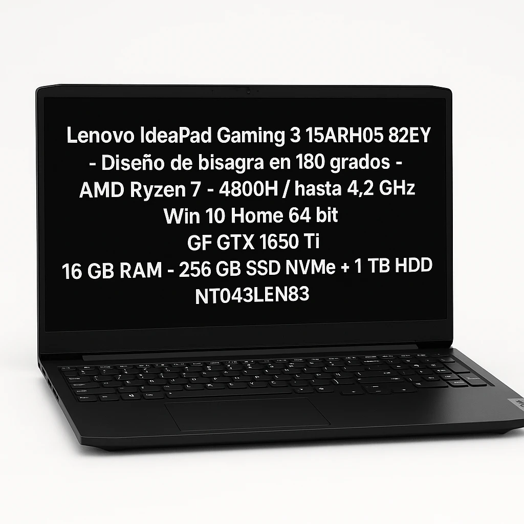 Lenovo IdeaPad Gaming 3 15ARH05 82EY - Diseño de bisagra en 180 grados - AMD Ryzen 7 - 4800H / hasta 4.2 GHz - Win 10 Home 64 bit - GF GTX 1650 Ti  - 16 GB RAM - 256 GB SSD NVMe + 1 TB HDD - 