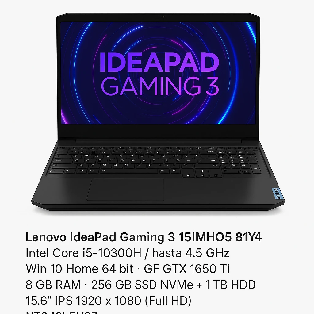 Lenovo IdeaPad Gaming 3 15IMH05 81Y4 - Intel Core i5 - 10300H / hasta 4.5 GHz - Win 10 Home 64 bit - GF GTX 1650 Ti  - 8 GB RAM - 256 GB SSD NVMe + 1 TB HDD - 15.6" IPS 1920 x 1080 (Full HD) 