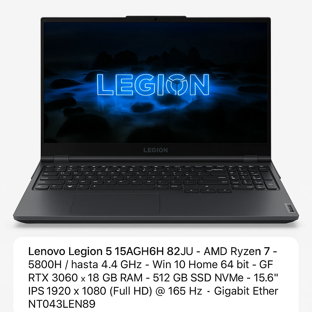 Lenovo Legion 5 15ACH6H 82JU - AMD Ryzen 7 - 5800H / hasta 4.4 GHz - Win 10 Home 64 bit - GF RTX 3060  - 16 GB RAM - 512 GB SSD NVMe - 15.6" IPS 1920 x 1080 (Full HD) @ 165 Hz - Gigabit Ether