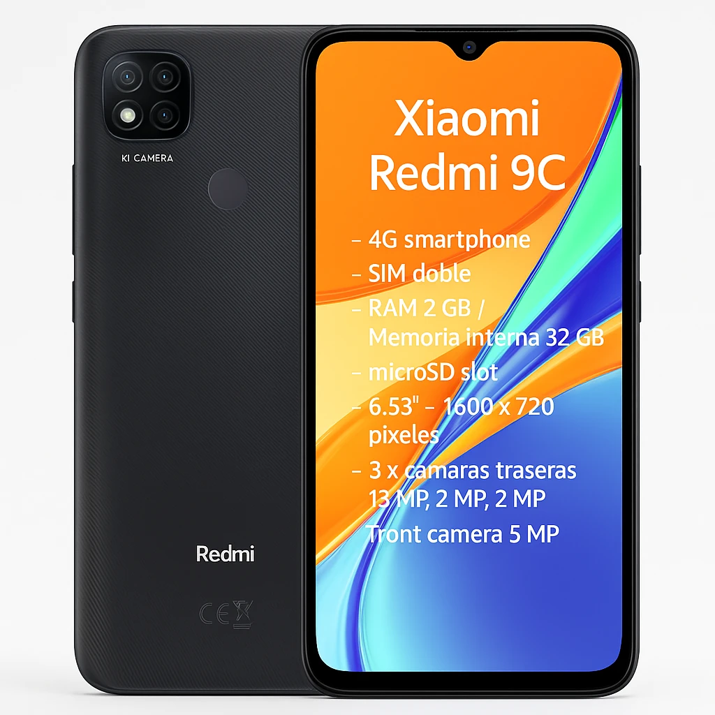 Xiaomi Redmi 9C - 4G smartphone - SIM doble - RAM 2 GB / Memoria interna 32 GB - microSD slot - 6.53" - 1600 x 720 píxeles - 3 x cámaras traseras 13 MP, 2 MP, 2 MP - front camera 5 MP - gris 