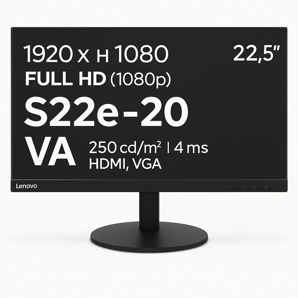Lenovo ThinkVision S22e-20 - Monitor LED - 22" (21.5" visible) - 1920 x 1080 Full HD (1080p) - VA - 250 cd/m² - 3000:1 - 4 ms - HDMI, VGA - negro azabache