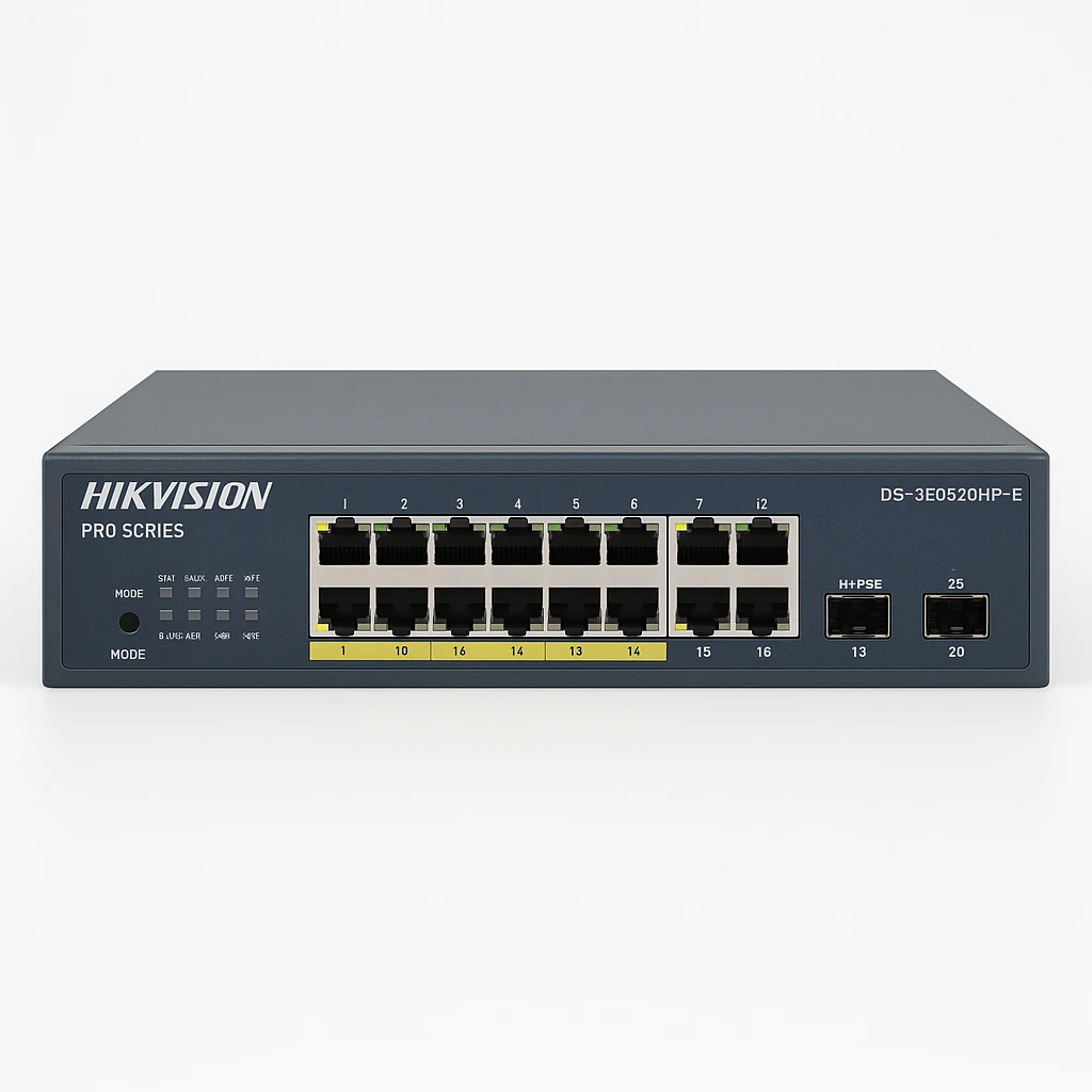 Hikvision Pro Series DS-3E0520HP-E - Conmutador - sin gestionar - 12 x 10/100/1000 (PoE) + 4 x 10/100/1000 (Hi-PoE) + 2 x 10/100/1000 + 2 x Gigabit SFP - montaje en rack - High PoE / PoE (225