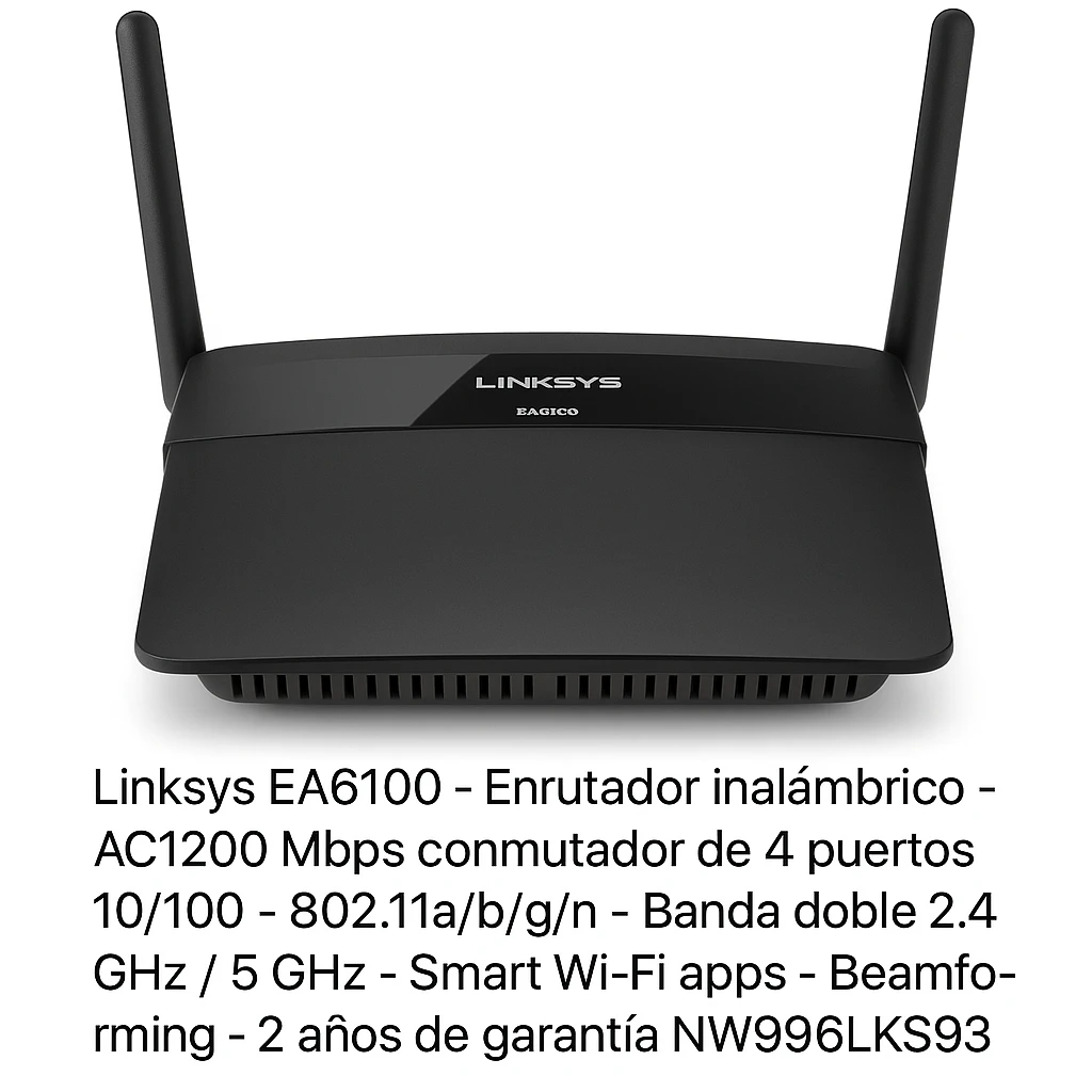Linksys EA6100 - Enrutador inalámbrico - AC1200  Mbps conmutador de 4 puertos 10/100- 802.11a/b/g/n - Banda doble 2.4 GHz / 5 GHz -  Smart Wi-Fi apps - Beamforming -v2 años de garantía 