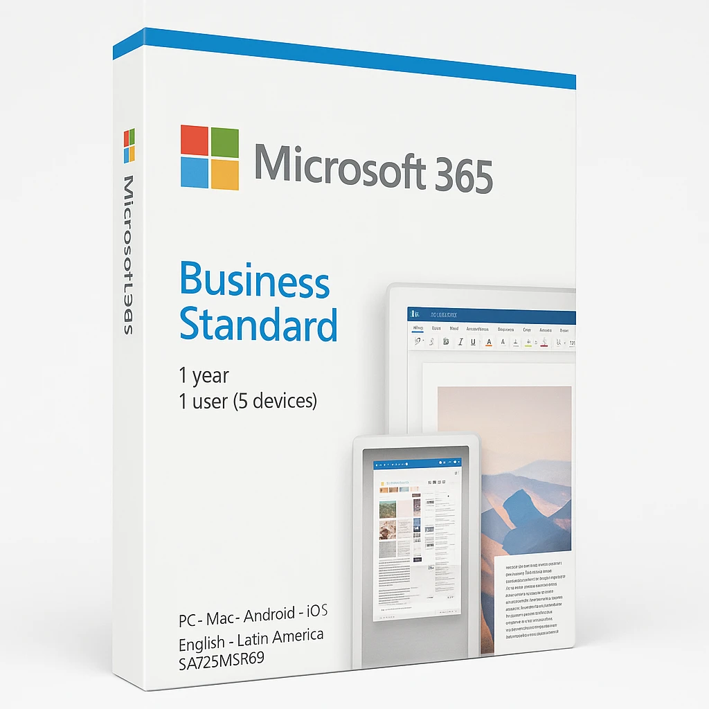 Microsoft 365 Business Standard - Caja de embalaje (1 año) - 1 usuario (5 dispositivos) - sin materiales, P8 - Mac, Android, iOS, Win - Inglés - América Latina