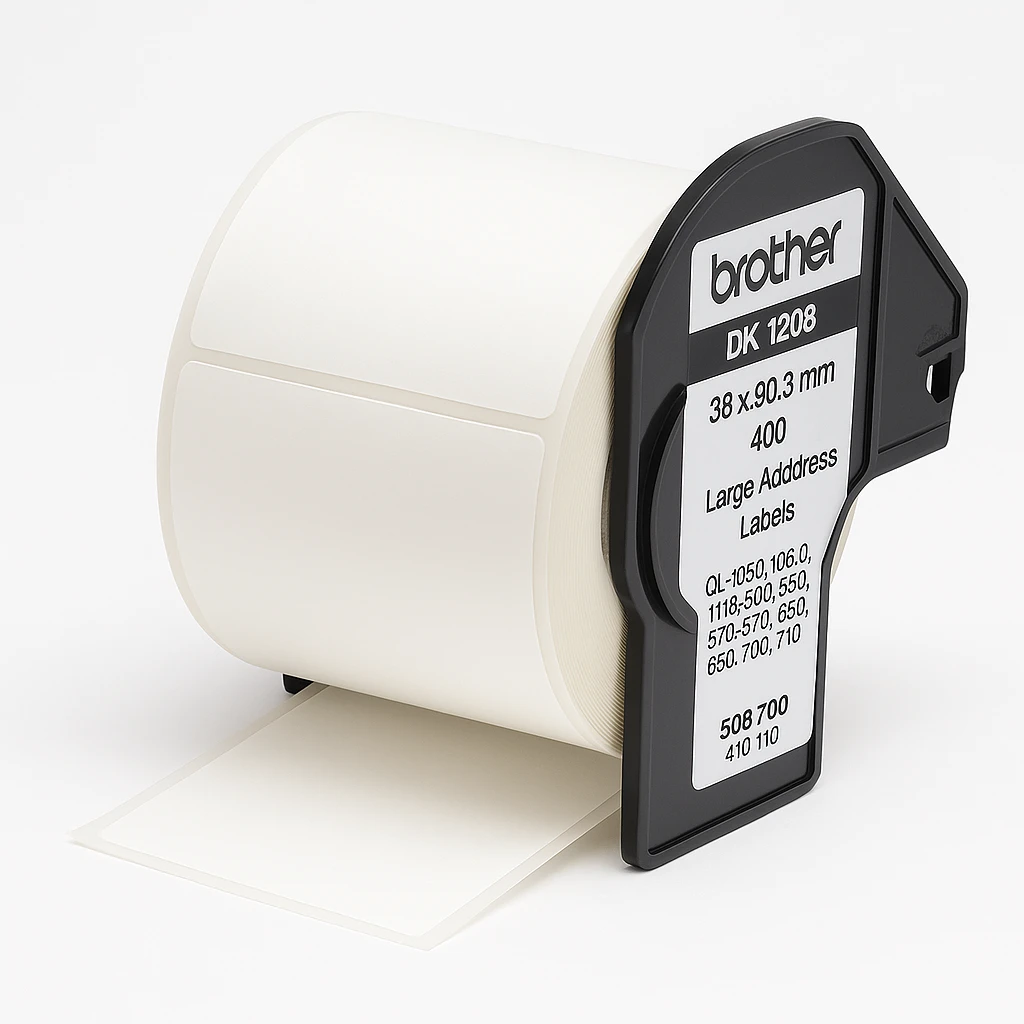 Brother DK1208 - Adhesivo - blanco - 38 x 90.3 mm (1 bobina(s) x 400 etiquetas grandes troqueladas de direcciones - para Brother QL-1050, 1060, 1100, 1110, 500, 550, 570, 580, 650, 700, 710, 