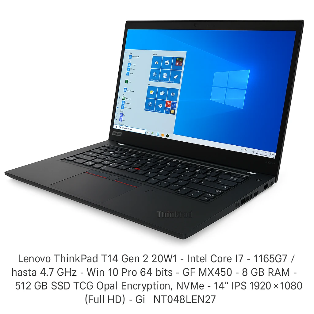 Lenovo ThinkPad T14 Gen 2 20W1 - Intel Core i7 - 1165G7 / hasta 4.7 GHz - Win 10 Pro 64 bits - GF MX450  - 8 GB RAM - 512 GB SSD TCG Opal Encryption, NVMe - 14" IPS 1920 x 1080 (Full HD) - Gi