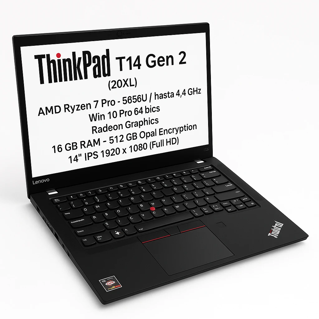 Lenovo ThinkPad T14 Gen 2 20XL - AMD Ryzen 7 Pro - 5850U / hasta 4.4 GHz - Win 10 Pro 64 bits - Radeon Graphics - 16 GB RAM - 512 GB SSD TCG Opal Encryption - 14" IPS 1920 x 1080 (Full HD) - 