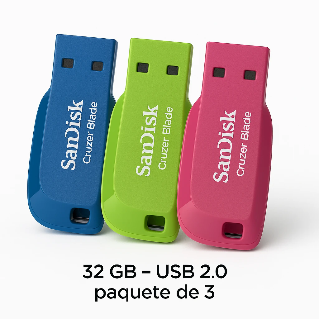SanDisk Cruzer Blade - Unidad flash USB - 32 GB - USB 2.0 - azul, verde, rosa (paquete de 3)