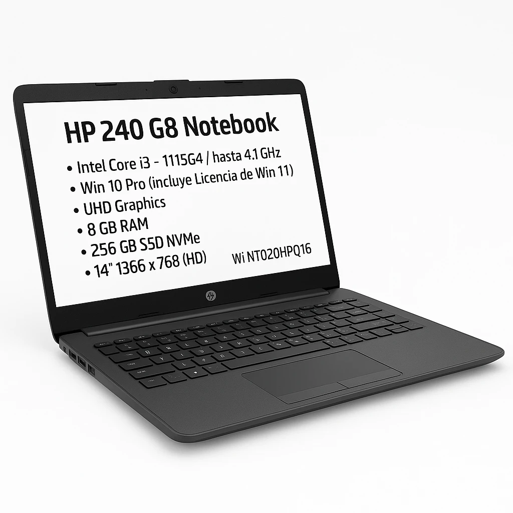 HP 240 G8 Notebook - Intel Core i3 - 1115G4 / hasta 4.1 GHz - Win 10 Pro (incluye Licencia de Win 11) - UHD Graphics - 8 GB RAM - 256 GB SSD NVMe - 14" 1366 x 768 (HD) - Gigabit Ethernet - Wi