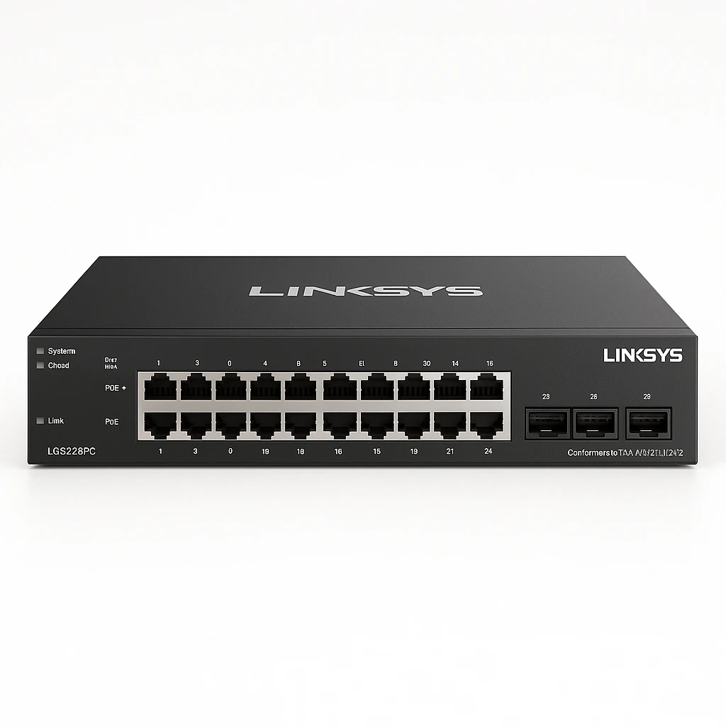 Linksys LGS328PC - Conmutador - Gestionado - 24 x 10/100/1000 (PoE+) + 4 x Gigabit SFP (enlace ascendente) - sobremesa - PoE+ (250 W) - Conforme a la TAA