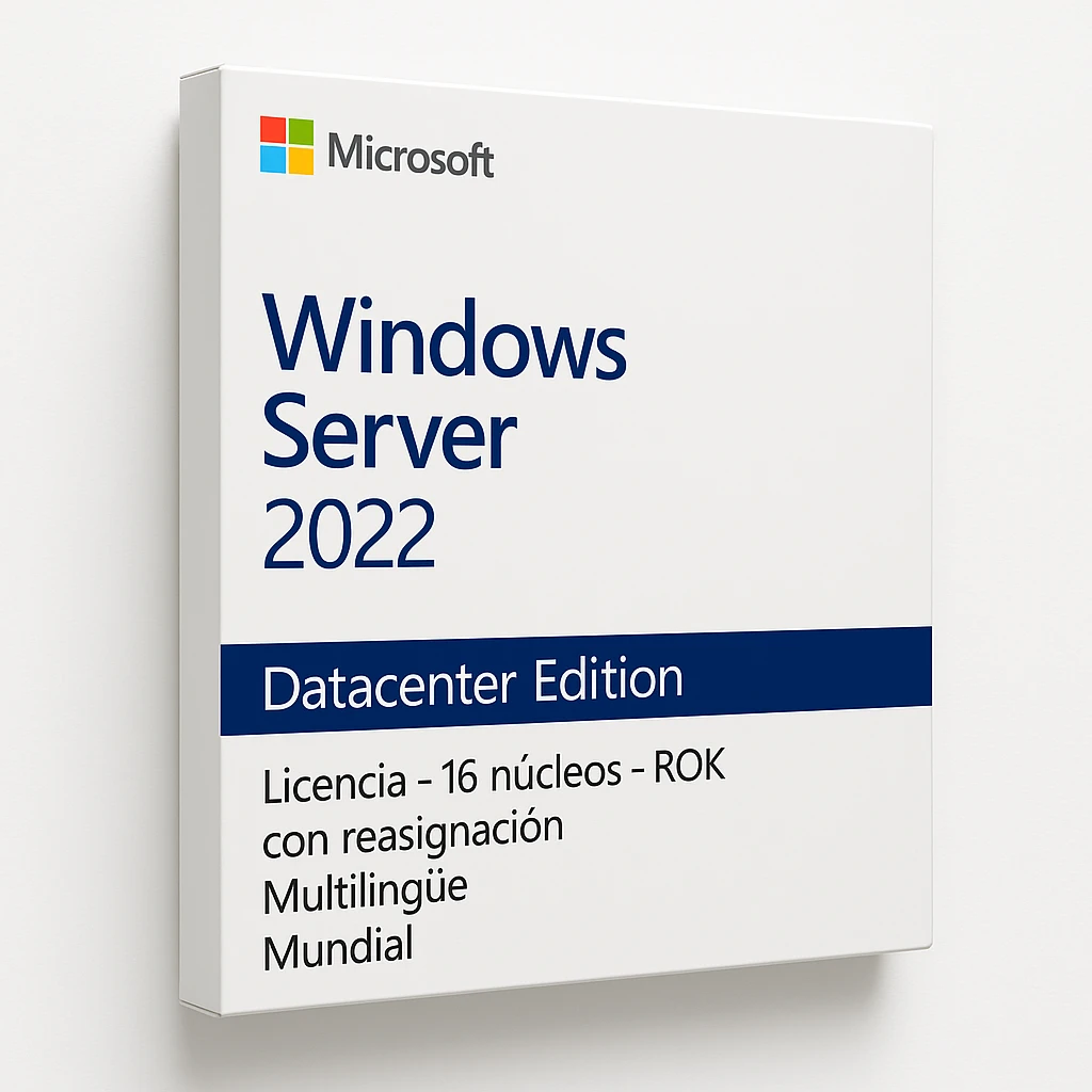 Microsoft Windows Server 2022 Datacenter Edition - Licencia - 16 núcleos - ROK - con reasignación - Multilingüe - Mundial