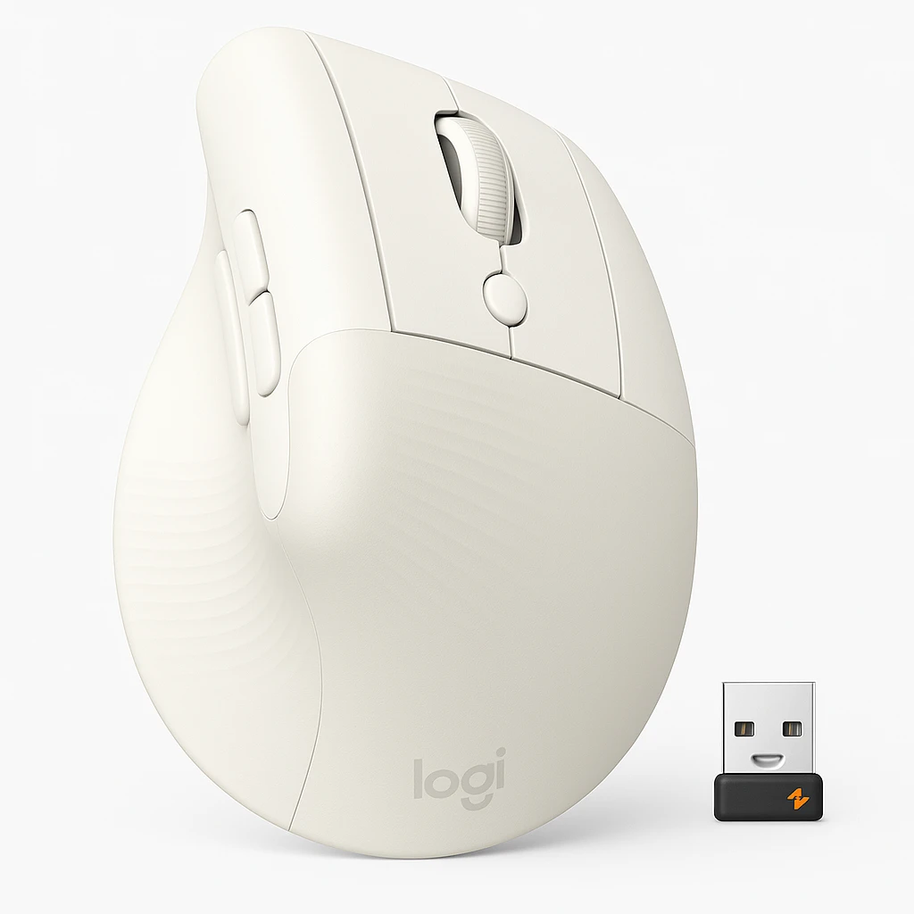 Logitech Lift Vertical Ergonomic Mouse - Ratón vertical - ergonómico - 6 botones - inalámbrico - 2.4 GHz, Bluetooth - receptor de USB Logitech Logi Bolt - blanco hueso