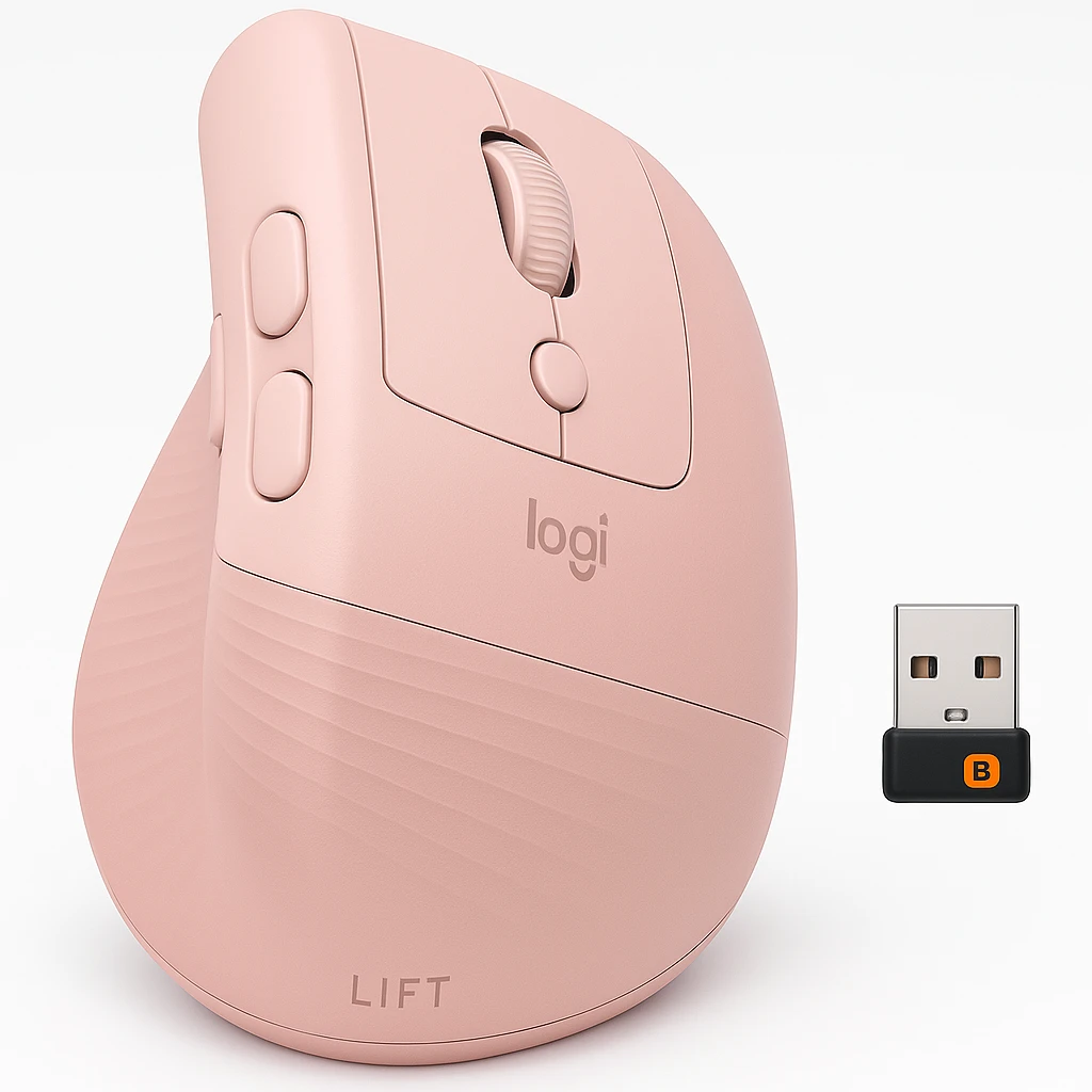 Logitech Lift Vertical Ergonomic Mouse - Ratón vertical - ergonómico - 6 botones - inalámbrico - 2.4 GHz, Bluetooth - receptor de USB Logitech Logi Bolt - rosa