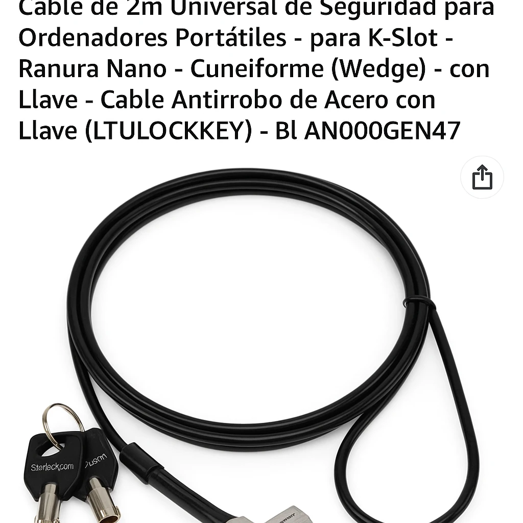 StarTech.com Cable de 2m Universal de Seguridad para Ordenadores Portátiles - para K-Slot - Ranura Nano - Cuneiforme (Wedge) - con Llave - Cable Antirrobo de Acero con Llave (LTULOCKKEY) - Bl