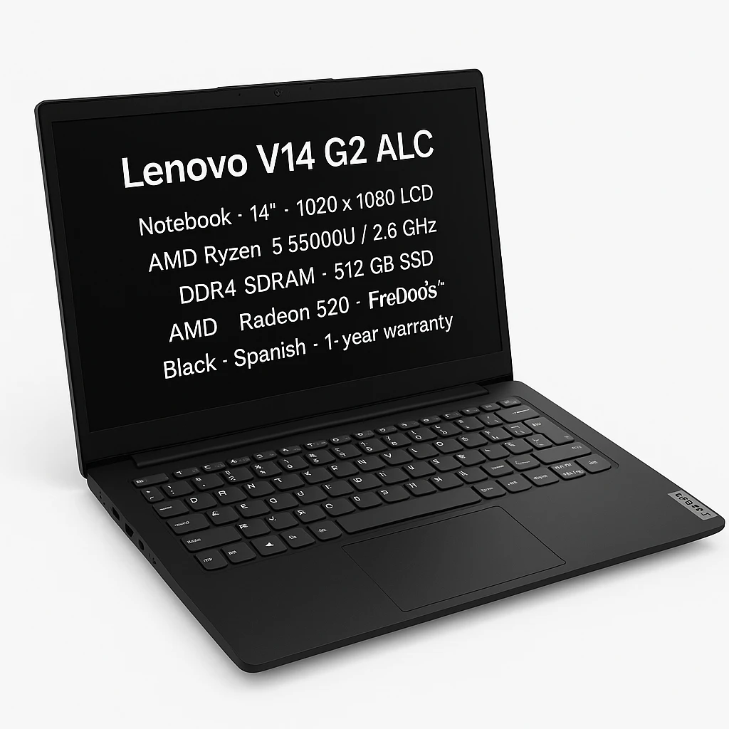 Lenovo V14 G2 ALC - Notebook - 14" - 1920 x 1080 LCD - AMD Ryzen 5 5500U / 2.6 GHz - DDR4 SDRAM - 512 GB SSD - AMD Radeon 520 - FreeDOS - Black - Spanish - 1-year warranty