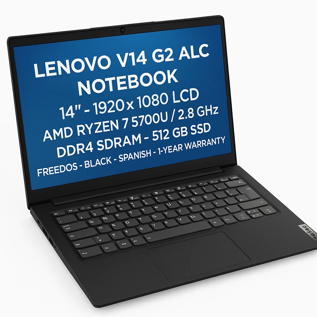 Lenovo V14 G2 ALC - Notebook - 14" - 1920 x 1080 LCD - AMD Ryzen 7 5700U / 2.8 GHz - DDR4 SDRAM - 512 GB SSD - FreeDOS - Black - Spanish - 1-year warranty
