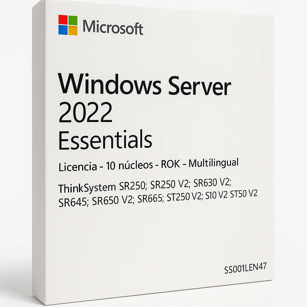Microsoft Windows Server 2022 Essentials - Licencia - 10 núcleos - ROK - Multilingual - para ThinkSystem SR250; SR250 V2; SR630 V2; SR645; SR650 V2; SR665; ST250 V2; ST50 V2; ST650 V2