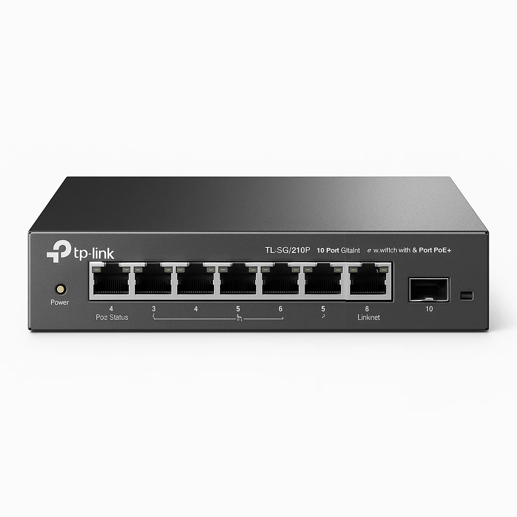 TP-Link TL-SG1210P - Conmutador - sin gestionar - 8 x 10/100/1000 (PoE+) + 1 x 10/100/1000 (enlace ascendente) + 1 x Gigabit SFP (enlace ascendente) - sobremesa - PoE+ (63 W)