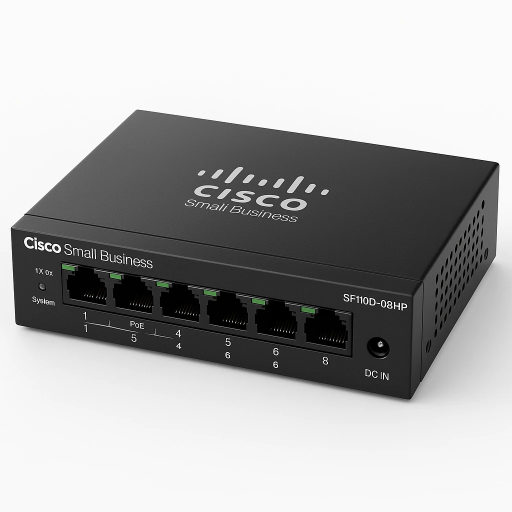 Cisco Small Business SF110D-08HP - Conmutador - sin gestionar - 4 x 10/100 (PoE) + 4 x 10/100 - sobremesa, montaje en pared - PoE (32 W) - alimentación cc