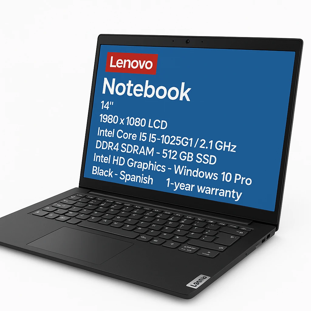 Lenovo - Notebook - 14" - 1980 x 1080 LCD - Intel Core i5 I5-1035G1 / 2.1 GHz - DDR4 SDRAM - 512 GB SSD - Intel HD Graphics - Windows 10 Pro - Black - Spanish - 1-year warranty
