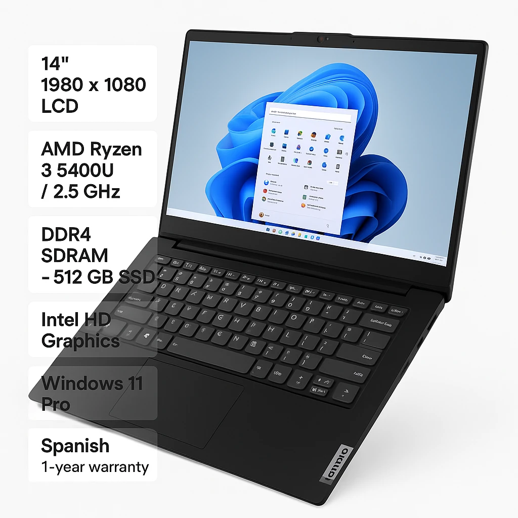 Lenovo - Notebook - 14" - 1980 x 1080 LCD - AMD Ryzen 3 5400U / 2.5 GHz - DDR4 SDRAM - 512 GB SSD - Intel HD Graphics - Windows 11 Pro - Black - Spanish - 1-year warranty
