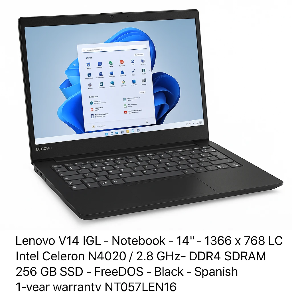 Lenovo V14 IGL - Notebook - 14" - 1366 x 768 LCD - Intel Celeron N4020 / 2.8 GHz - DDR4 SDRAM - 256 GB SSD - FreeDOS - Black - Spanish - 1-year warranty