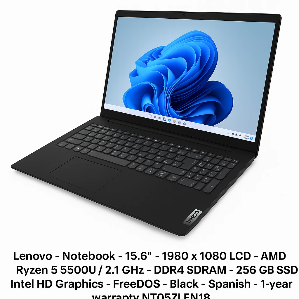Lenovo - Notebook - 15.6" - 1980 x 1080 LCD - AMD Ryzen 5 5500U / 2.1 GHz - DDR4 SDRAM - 256 GB SSD - Intel HD Graphics - FreeDOS - Black - Spanish - 1-year warranty