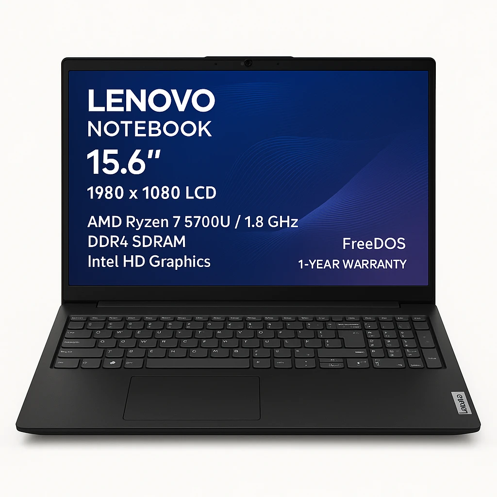 Lenovo - Notebook - 15.6" - 1980 x 1080 LCD - AMD Ryzen 7 5700U / 1.8 GHz - DDR4 SDRAM - 256 GB SSD - Intel HD Graphics - FreeDOS - Black - Spanish - 1-year warranty