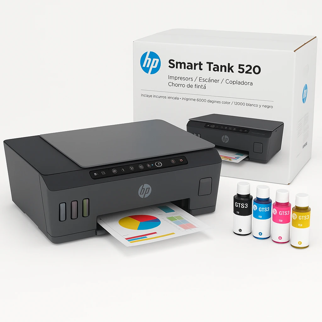 HP Smart Tank 520 - Impresora / Escáner / Copiadora - Chorro de tinta - USB - Incluye insumos en caja - imprime 6000 páginas color / 12000 blanco y negro