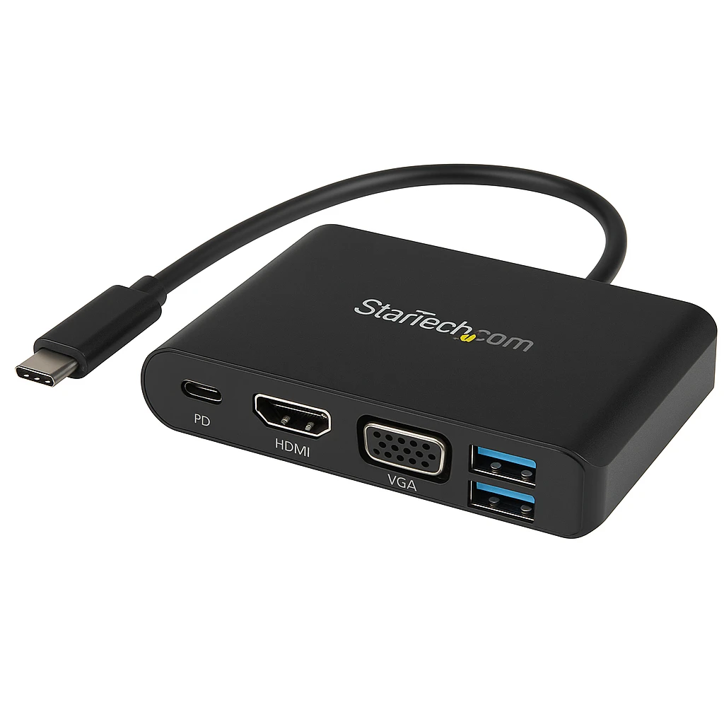 StarTech.com Adaptador Multipuertos USB-C - Docking Station USB Tipo C a HDMI 4K30 o VGA 1080p - Replicador de Puertos USBC PD de 100W - Hub USB de 3 Puertos - Red - con Cable de 30cm (DKT30C